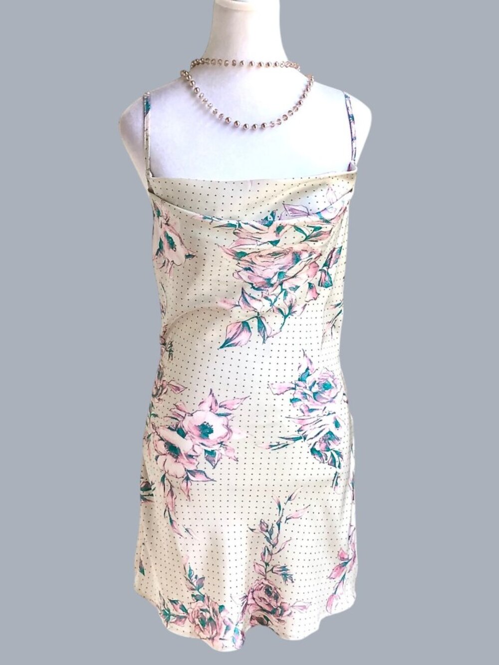 Satin Slip Dress Floral Polka Dot Beige Multi Blue Blush (S)